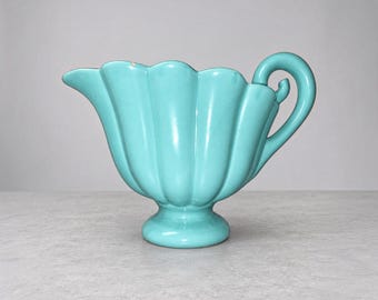 Vintage Camark Pottery Turquoise Pitcher Vase Foil Label Aqua Mold 333 6 In
