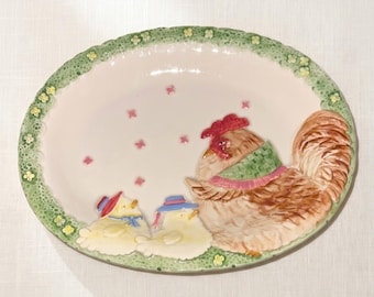 1987 Fitz and Floyd Rooster Platter: 3D Relief Chicken Chicks, Japan Ceramic (9 Inch)