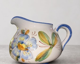 Vintage FTD Italian Pottery Pitcher Hand Painted Floral Ceramic Vase Blue Yellow Cottagecore Decor