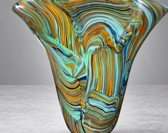 Vintage Murano Style Striped Art Glass Fan Vase Fused Cane Cobalt Teal 9 In