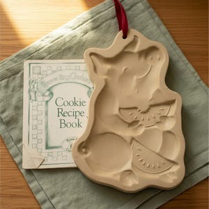 Vintage 1992 Brown Bag Cookie Art Pig Watermelon Mold with Recipe Book, Stoneware Baking Pan, Retro Kitchenware Collectible