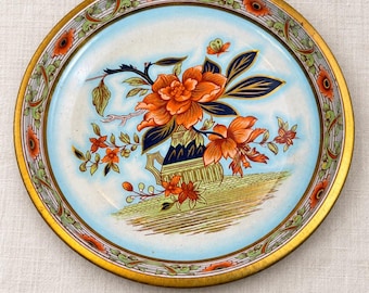 Vintage Daher Style Chinoiserie Round Metal Tray Floral Butterfly Gold Rim