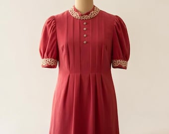 Vintage Fuchsia Velvet Dress, 1960s-1970s Puff Sleeve Soutache Party Mini