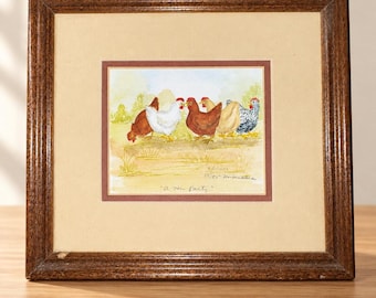 Vintage Chicken Art Print A Hen Party Signed Framed Farmhouse Decor 9 In