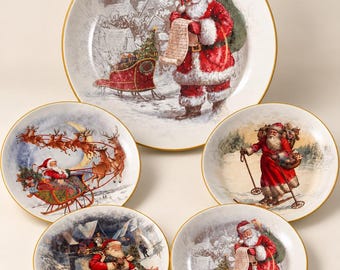 Discontinued Pottery Barn Nostalgic Santa 5 Pc Stoneware Set Bowl Plates