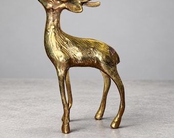 Vintage Brass Deer Figurine Spotted Stag Antlers Mid Century Decor 7 In