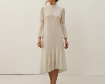 Vintage BCBG Lace Midi Dress, Ivory Bell Sleeve Mock Neck, Size Small