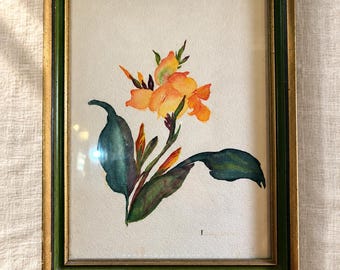 Vintage Framed Watercolor Canna Lily Painting Tommy Shermer Floral 14 In