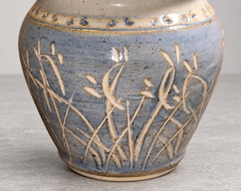 Vintage Studio Pottery Blue Gray Grass Vase Speckled Stoneware Cachepot