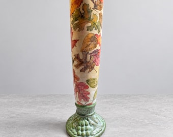 Vintage Decoupage Autumn Leaves Vase Green Grape Relief Pedestal 509