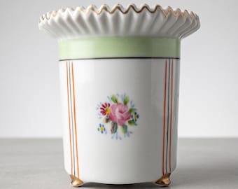 Vintage Occupied Japan Porcelain Vase Ruffled Rim Pink Roses Footed Cachepot 1940s