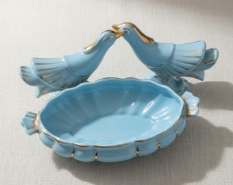 Vintage Mid Century Turquoise Pheasant Figurine and Console Bowl 2-Piece Set, 22K Gold Trim