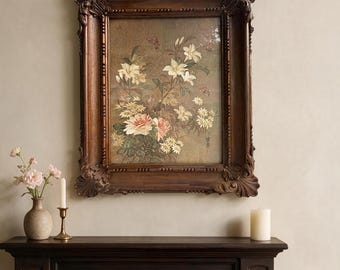 Vintage 1978 Syroco Faux Wood Framed Floral Print Asian Lilies Roses 3330