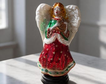 Vintage 15 Inch Blown Glass Angel Statue Red Lyre Harp Centerpiece Base