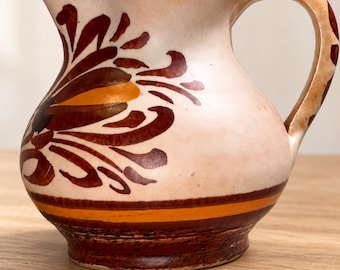 Vintage Tonala Style Mexican Folk Art Pottery Pitcher Floral Clay Jug