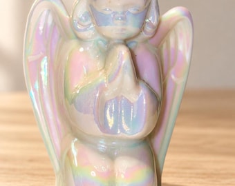 Vintage Iridescent Ceramic Praying Angel Figurine Mother of Pearl Luster