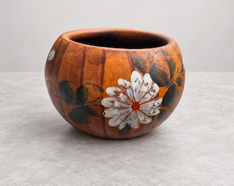 Vintage Mexican Red Clay Planter Hand Painted Floral Folk Art Mid Century Pottery