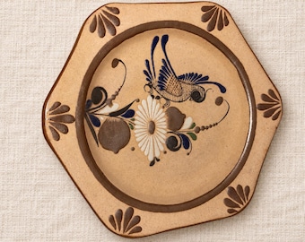 Vintage Tonala Mexican Folk Art Wall Plate Bird Floral Hexagon Z Mex 10 In