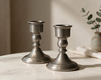 Vintage Pewter Candlesticks Pair Colonial Baluster Candle Holders 4.25 Inch