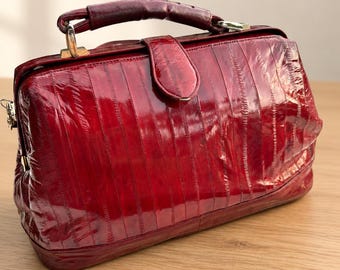 Vintage FRANNE Genuine Eel Skin Doctor Bag Burgundy Frame Satchel Korea 80s