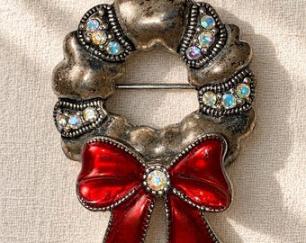 Vintage Christmas Wreath Brooch Red Enamel Bow AB Rhinestone Holiday Pin 1980s