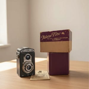 May include: A black Falcon-Flex twin-lens reflex camera with a silver lens assembly, accompanied by a maroon and tan cardboard box labeled Falcon-Flex The All American Reflex Camera, and a small instruction manual with matching text.