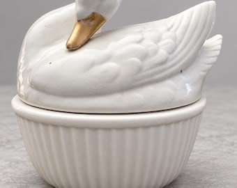 Vintage 1982 Fitz and Floyd Swan Covered Dish White Gold Butter Tub Japan