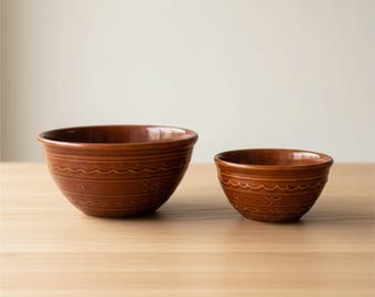 Vintage Mar-Crest Daisy & Dot Mixing Bowls, Brown Stoneware Nesting Set of 2, USA