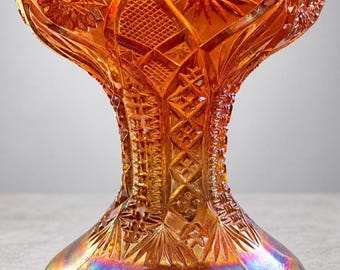 Antique Marigold Carnival Glass Pedestal Compote Hobstar Pinwheel Vase 7 In