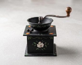 Vintage Hand Crank Coffee Grinder Floral Tole Painted Mill Cottagecore 6"