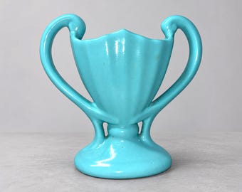 Vintage Turquoise Pottery Trophy Vase Art Deco USA 404 Aqua Double Handle