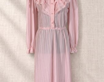 Vintage 70s 80s Pink Prairie Dress Jerri Jee Sheer Ruffle Lace Coquette M