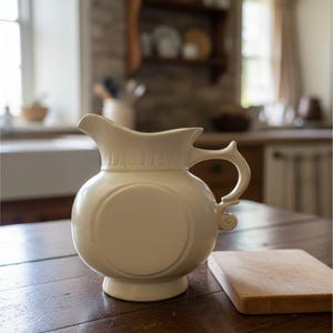 Vintage McCoy Pottery Pitcher Vase: White Ceramic Medallion Scroll Handle Jug