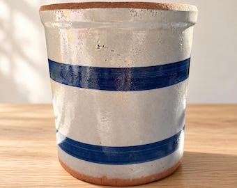 Vintage Blue Band Stoneware Crock Small Utensil Holder Farmhouse Pottery 6 Inch