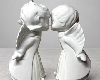 Vintage White Porcelain Kissing Angels Pair Figurine Violin Harp 1970s