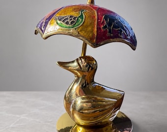 Vintage Indian Brass Duck Under Enameled Umbrella Figurine Peacock Elephant Motif Whimsical Decor