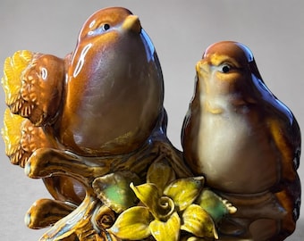 Vintage Glazed Ceramic Songbird Pair Figurine, Mid-Century Cottagecore Decor