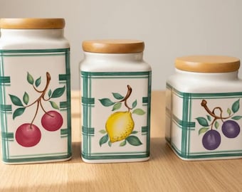 Vintage Lillian Vernon Fruit Canister Set of 3 Green Plaid Ceramic Jars Wood Lids