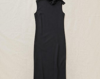 Vintage Talbots Black Crepe Maxi Dress Bow Neck Shoulder Buttons Sleeveless Evening Gown 10