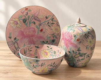 Vintage Pink Chinoiserie Porcelain Set HFP Macau Ginger Jar Bowl Plate