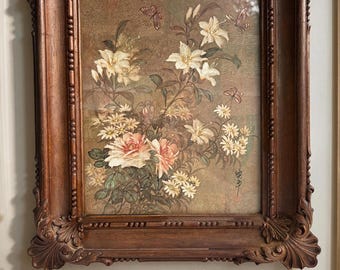 Vintage 1978 Syroco Faux Wood Framed Floral Print Asian Lilies Roses 3330