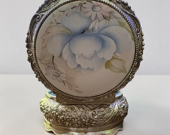 Vintage Japanese Jewelry Box, Musical Silver-Tone Floral Dancer Trinket Case