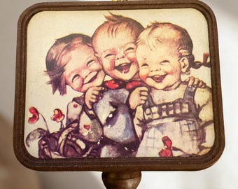 Vintage Sankyo Musical Hanging Ornament, Mid-Century Three Laughing Children Music Box, Retro Nursery Keepsake