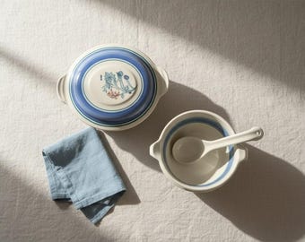 Vintage Pottery Serving Set, M.H. Mason Stoneware Casserole and Ladle