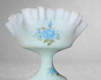 Fenton Blue Roses on Blue Satin Hand-Painted Compote (1978-1982)