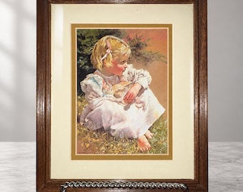 Vintage Framed Girl with Bunny Print Rabbit Art Wood Frame Nursery Decor 10