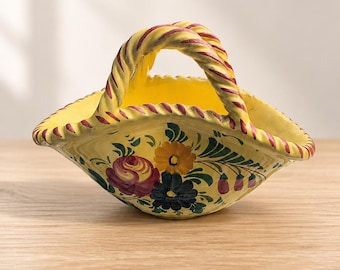 Italian Yellow Floral Pottery Basket, Perugia Italy, Ceramic Bowl with Twisted Handles
