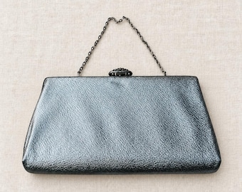 Vintage Silver Metallic Evening Bag Textured Clutch Chain Handle Purse 9.5"