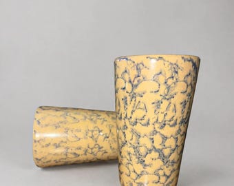 Vintage RRP Co Roseville Ohio Blue Spongeware Stoneware Tumbler Cup Pair Country Kitchen