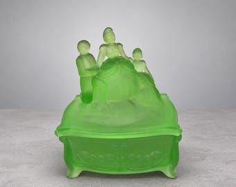 Vintage New Martinsville Green Satin Glass Martha Washington Powder Box Jar
